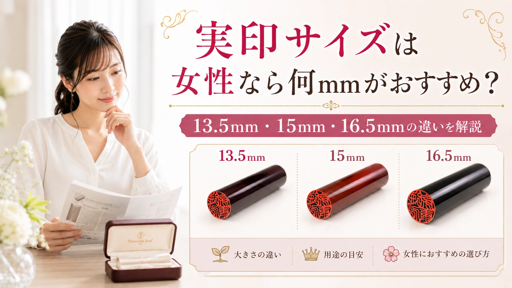 実印サイズは女性なら何mmがおすすめ？13.5mm・15mm・16.5mmの違いを解説